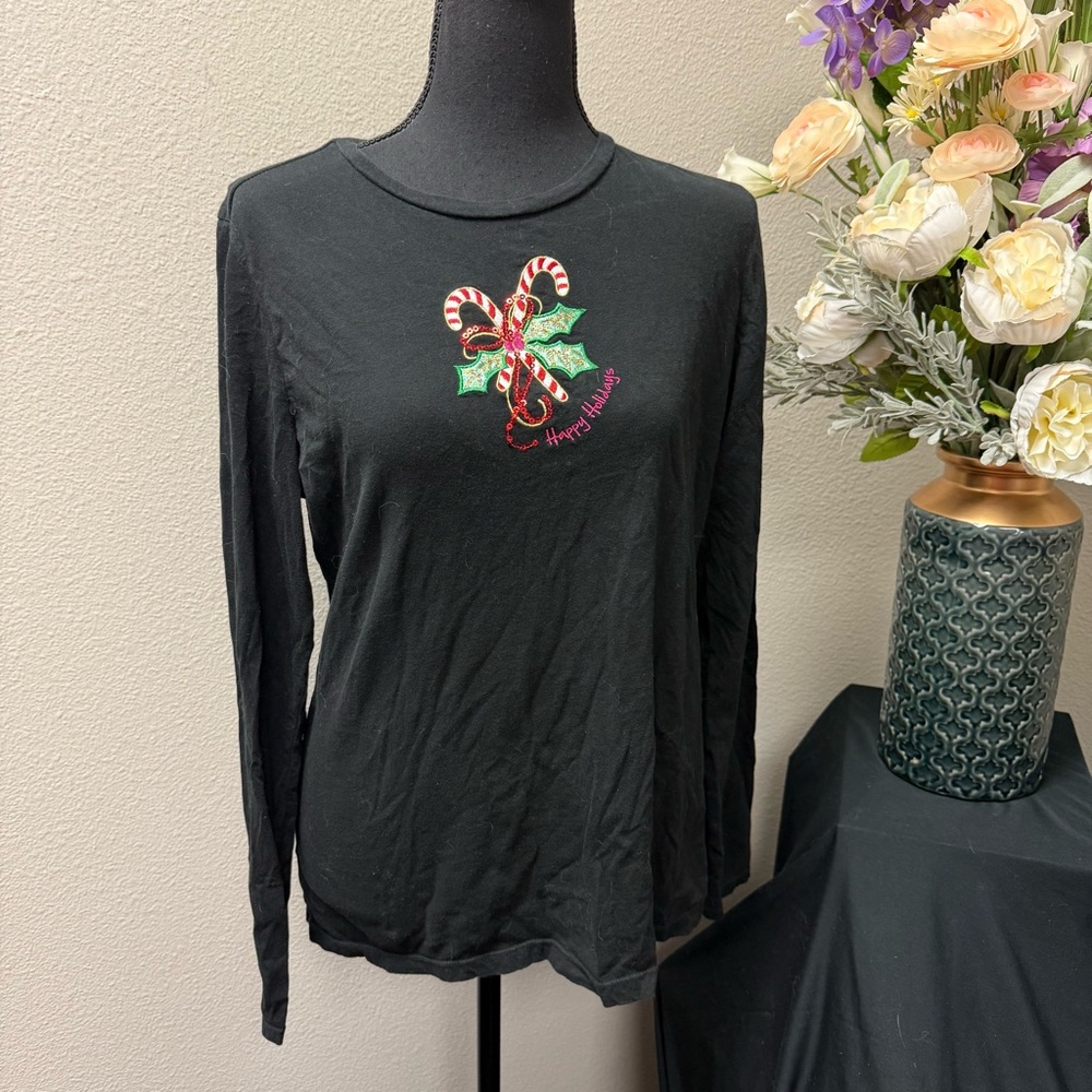 Black Sequin Candy Cane “Happy Holidays” Long Sleeve Tee Shirt Size L